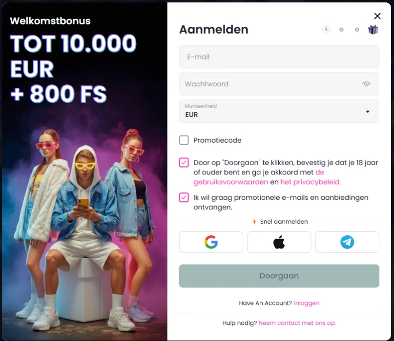 LikesBet Casino Registratie en Welkomstbonus LikesBet Casino registratieformulier met welkomstbonus tot 10.000 EUR en 800 free spins